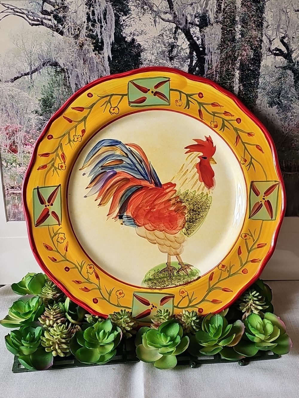 Sakura Hand-Painted Rooster "Fairweather Friends"  Ceramic 11" Dinner Plate